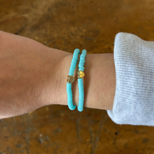 Gold Heart Beaded Stacking Bracelet - Light Blue