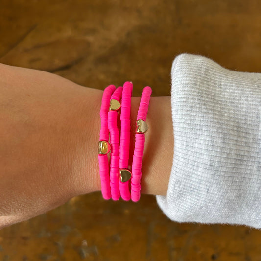 Gold Heart Beaded Stacking Bracelet - Bright Pink