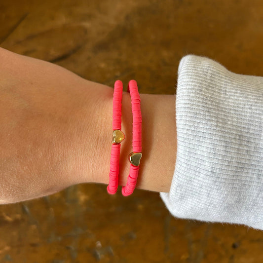 Gold Heart Beaded Stacking Bracelet - Coral