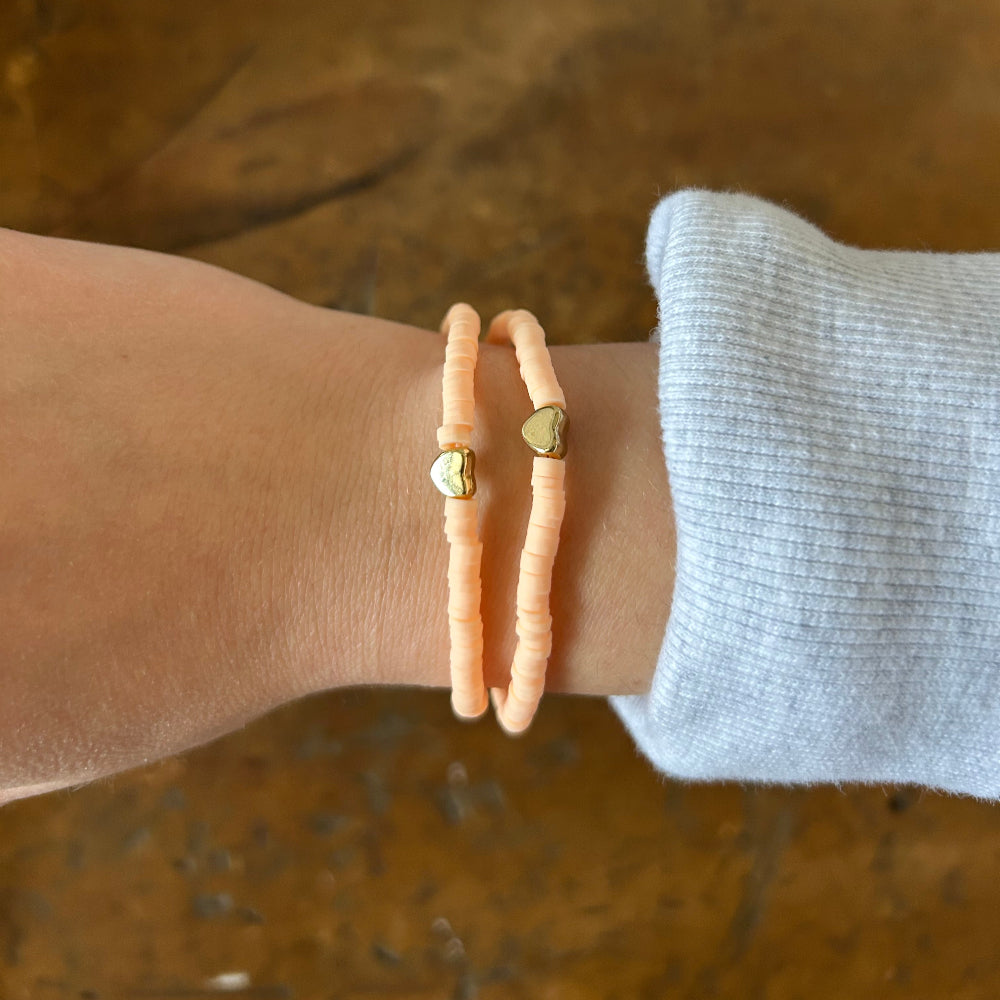 Gold Heart Beaded Stacking Bracelet - Peach