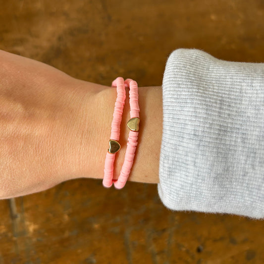 Gold Heart Beaded Stacking Bracelet - Light Pink