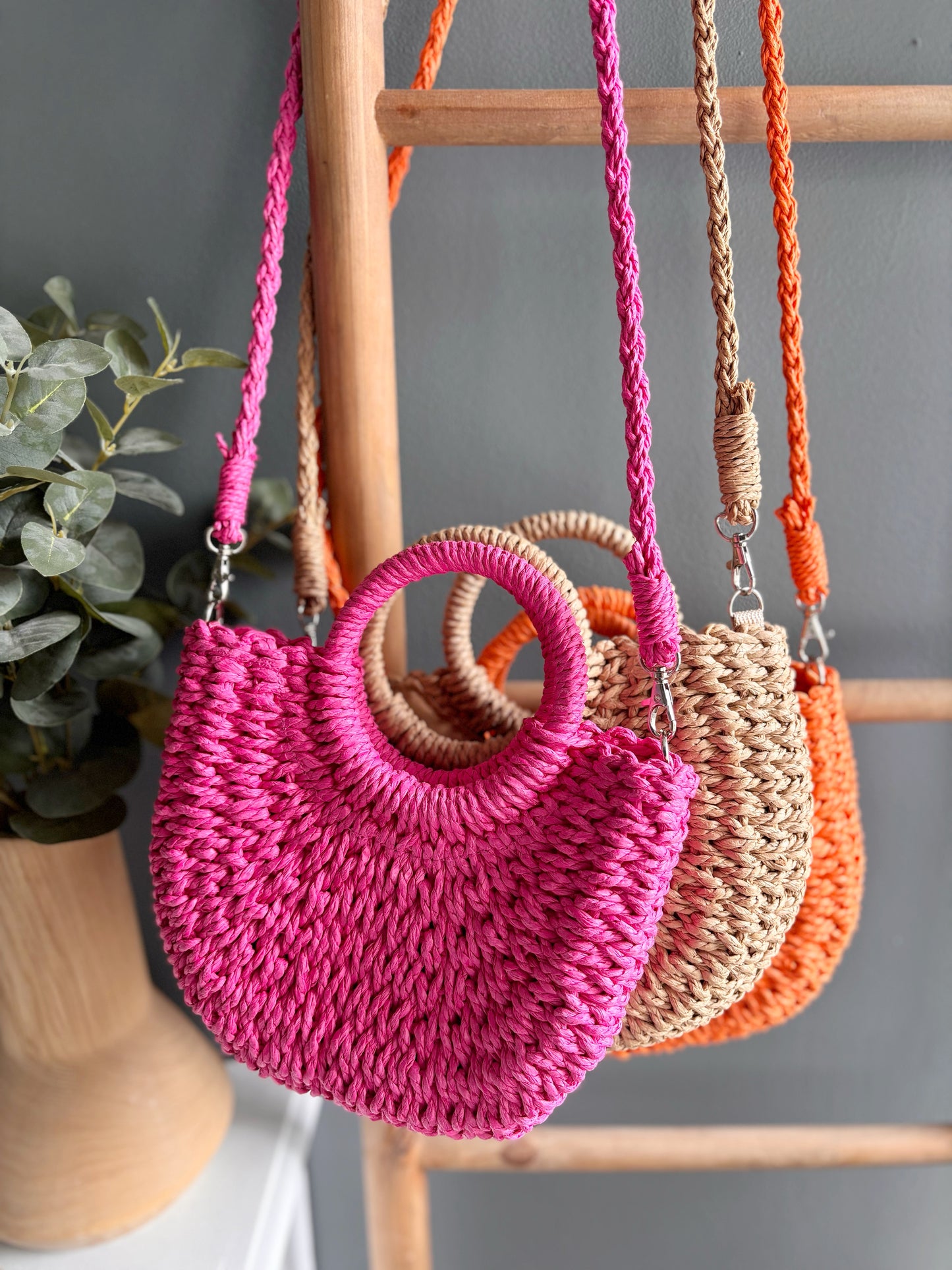 Half Moon Rattan Purse - Flamingo