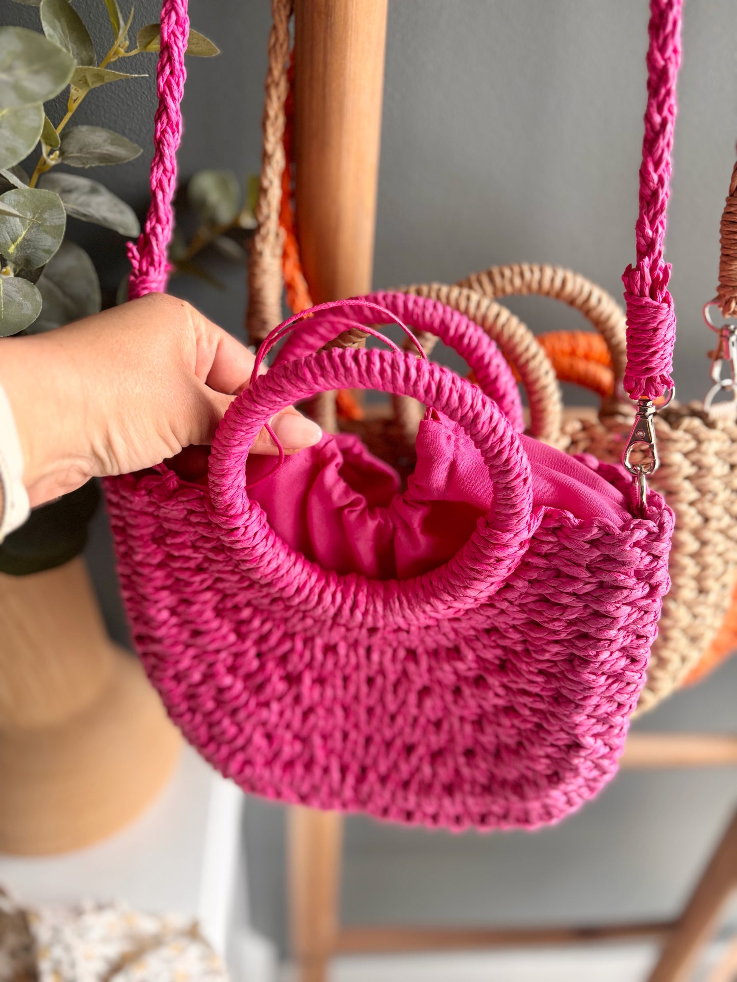 Half Moon Rattan Purse - Flamingo