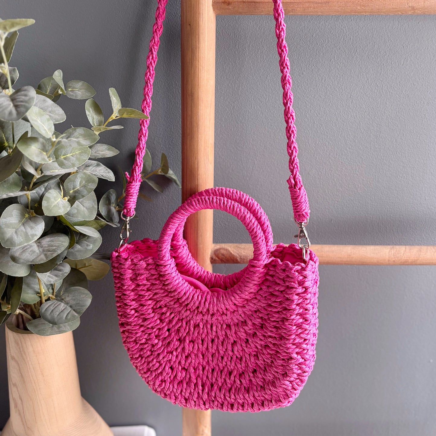 Half Moon Rattan Purse - Flamingo