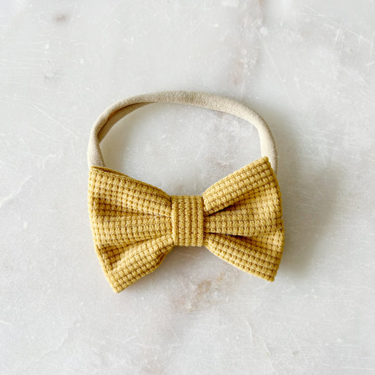 Waffle Bow Stretch Headband - Mustard Yellow