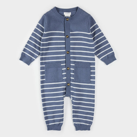 Striped Knit Playsuit - Denim Blue