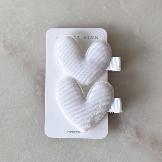 Velvet Heart Hair Clips - White