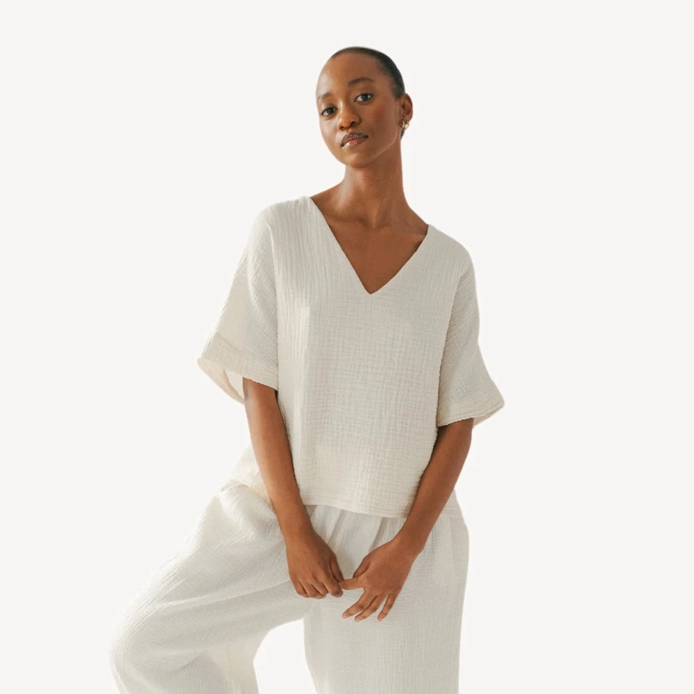 Crinkle Cotton V-Neck Top - Cream (O/S)