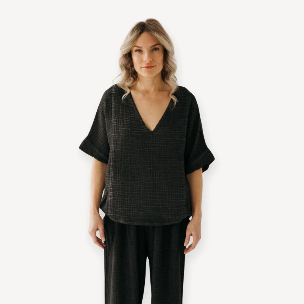 Crinkle Cotton V-Neck Top - Washed Black (O/S)