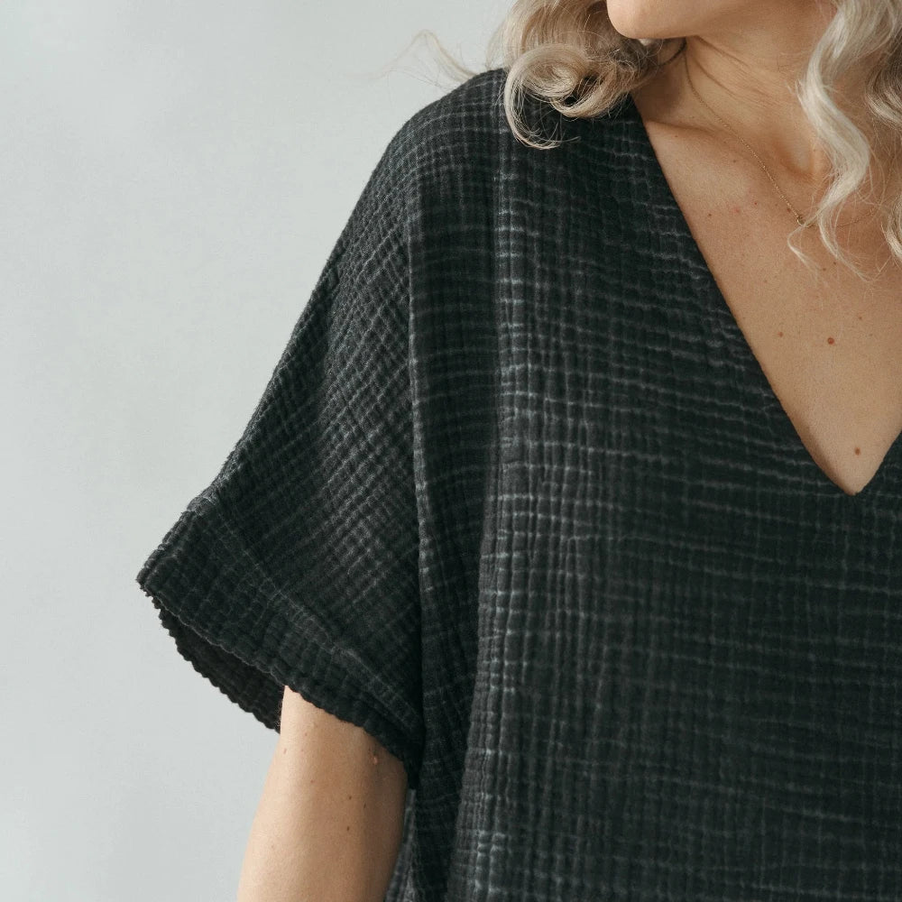 Crinkle Cotton V-Neck Top - Washed Black (O/S)