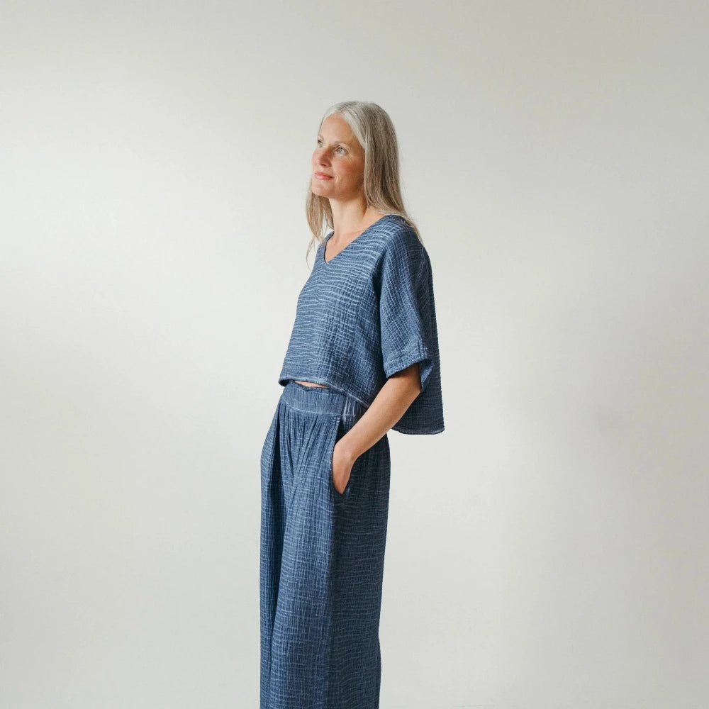 Crinkle Cotton Palazzo Pant - Washed Denim (O/S)