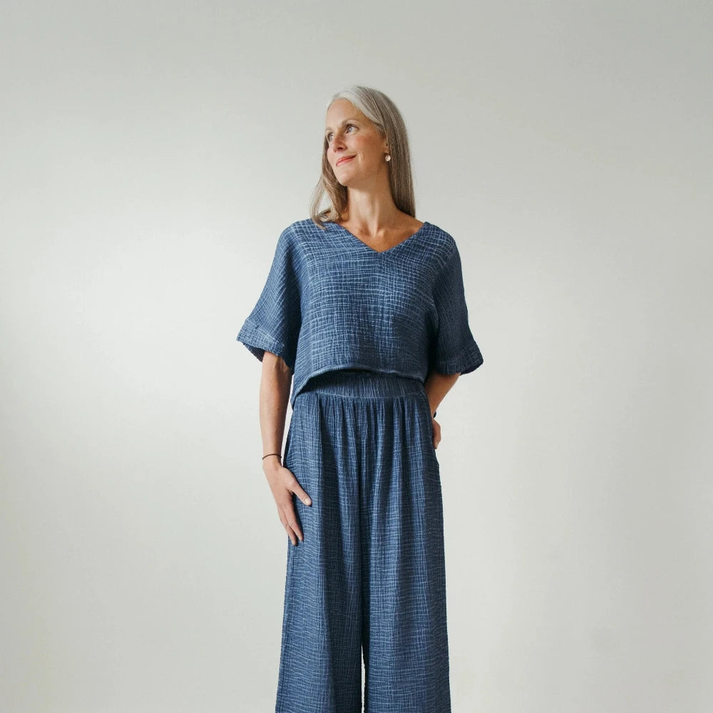Crinkle Cotton Palazzo Pant - Washed Denim (O/S)