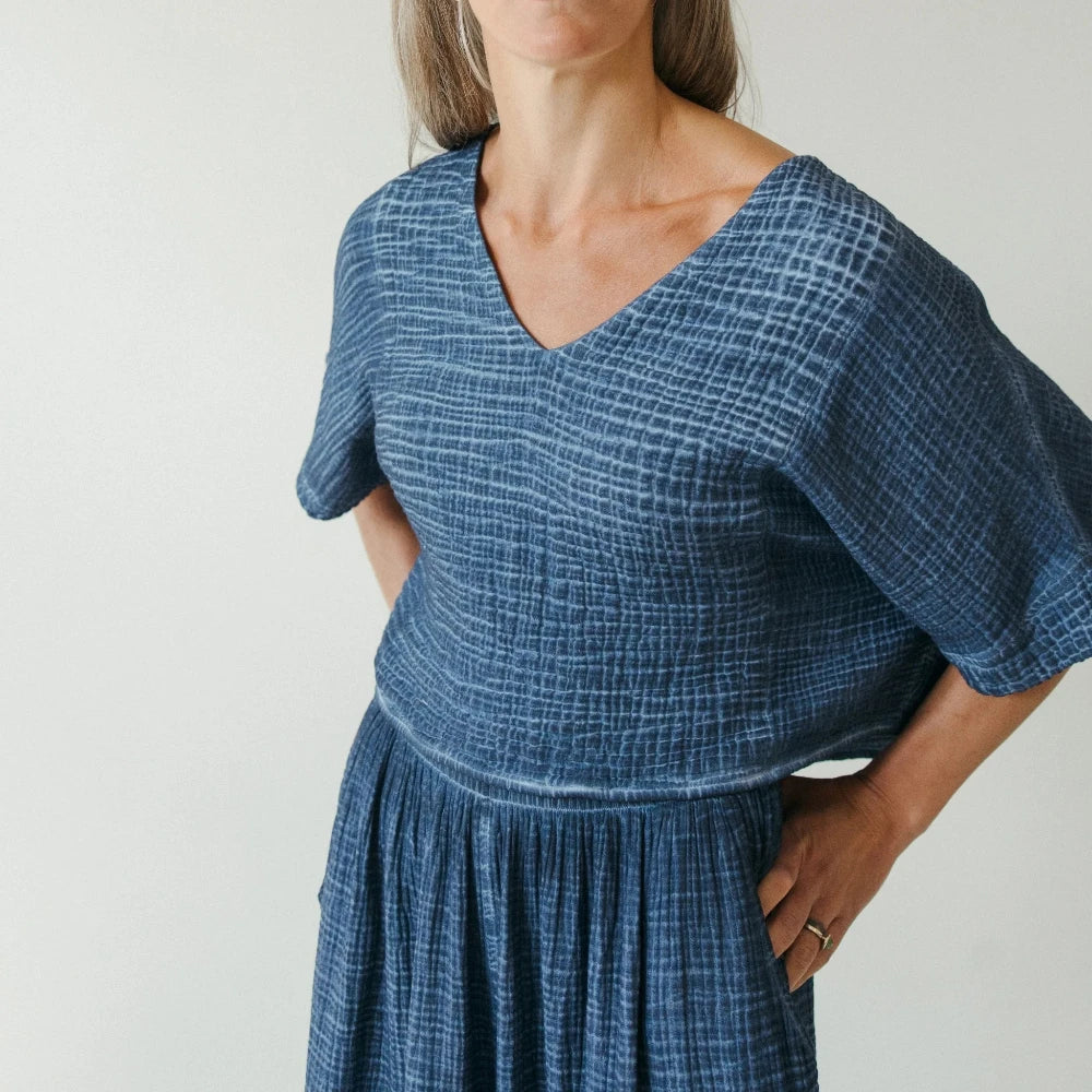 Crinkle Cotton Crop Top - Washed Denim (O/S)