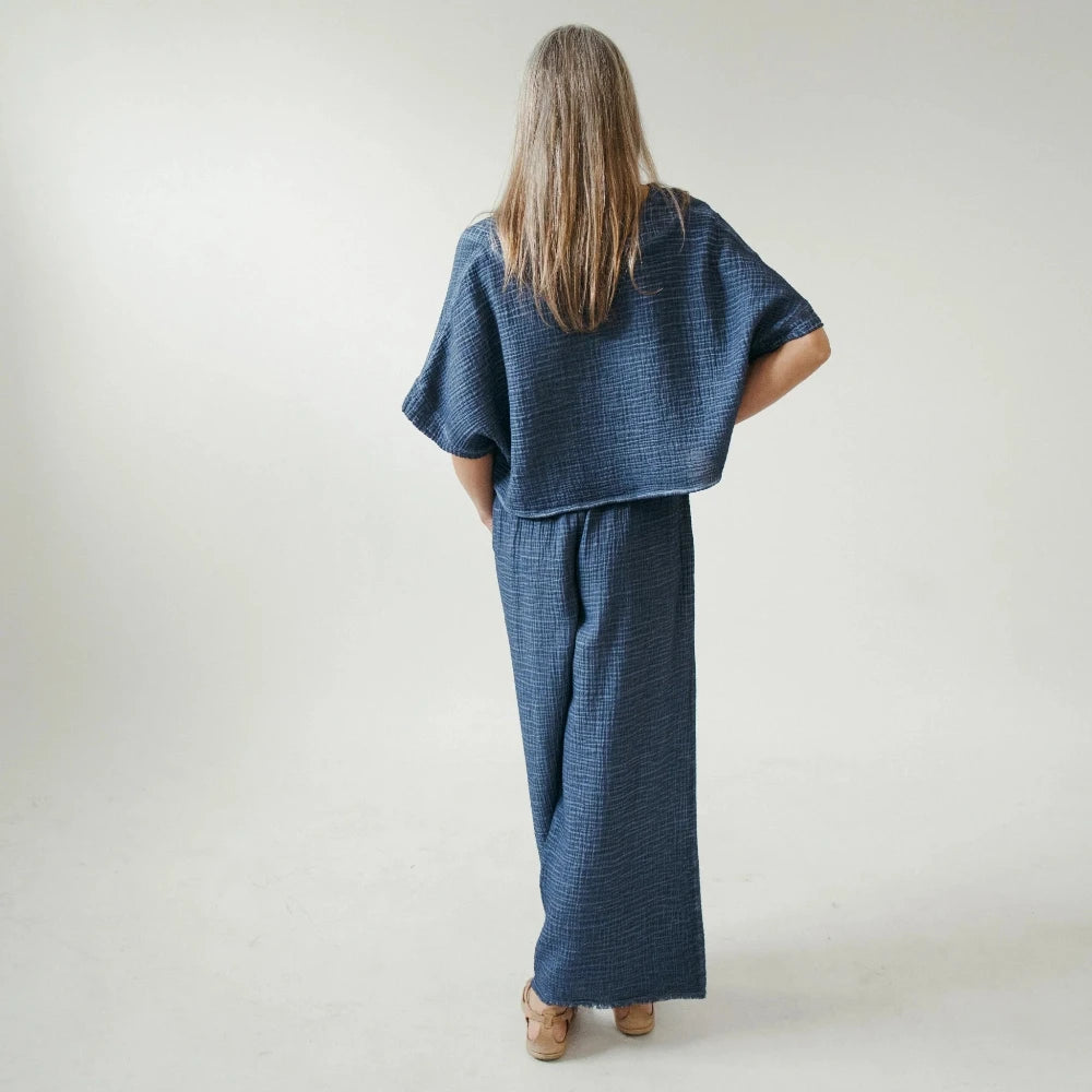Crinkle Cotton Palazzo Pant - Washed Denim (O/S)