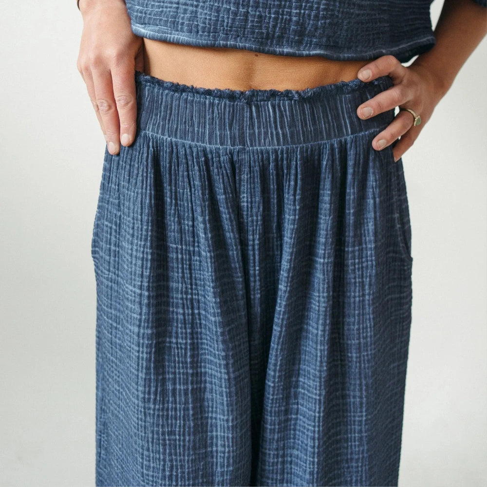 Crinkle Cotton Palazzo Pant - Washed Denim (O/S)