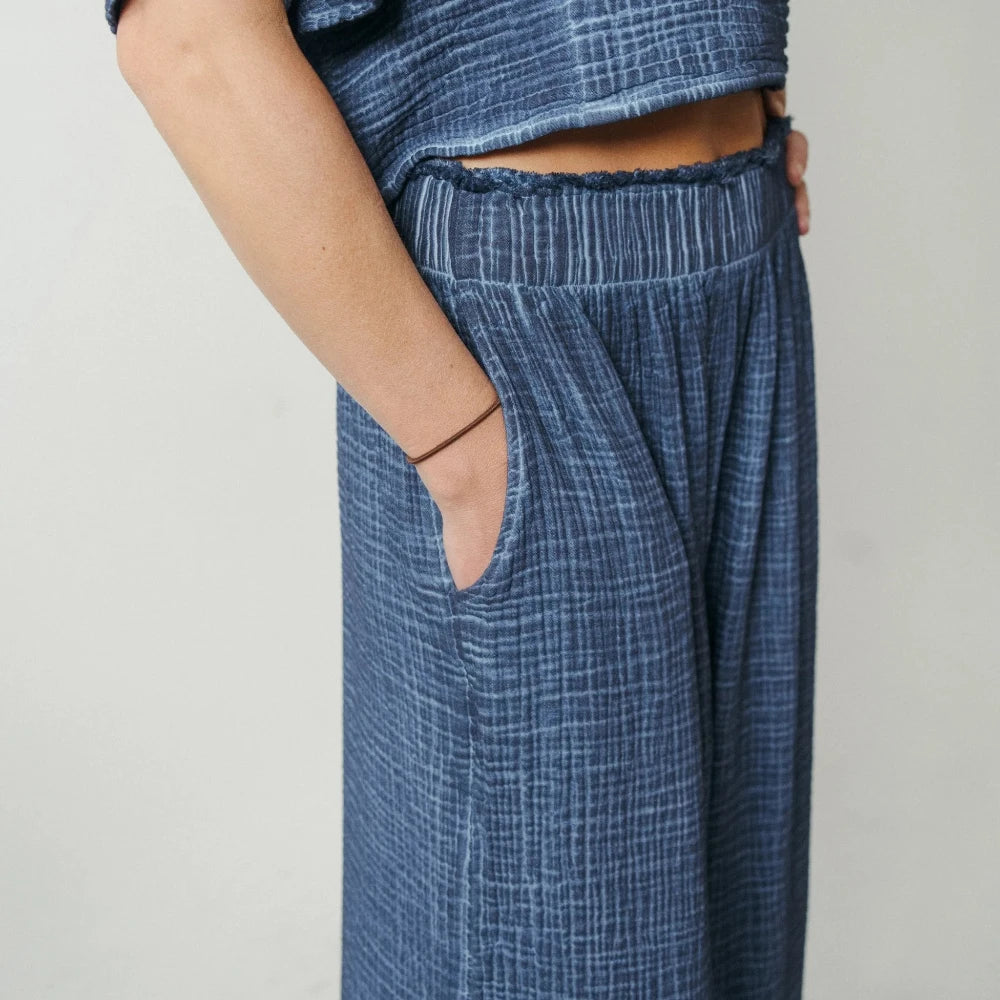 Crinkle Cotton Palazzo Pant - Washed Denim (O/S)