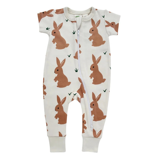 Short Sleeve Zip Romper - Brown Bunnies