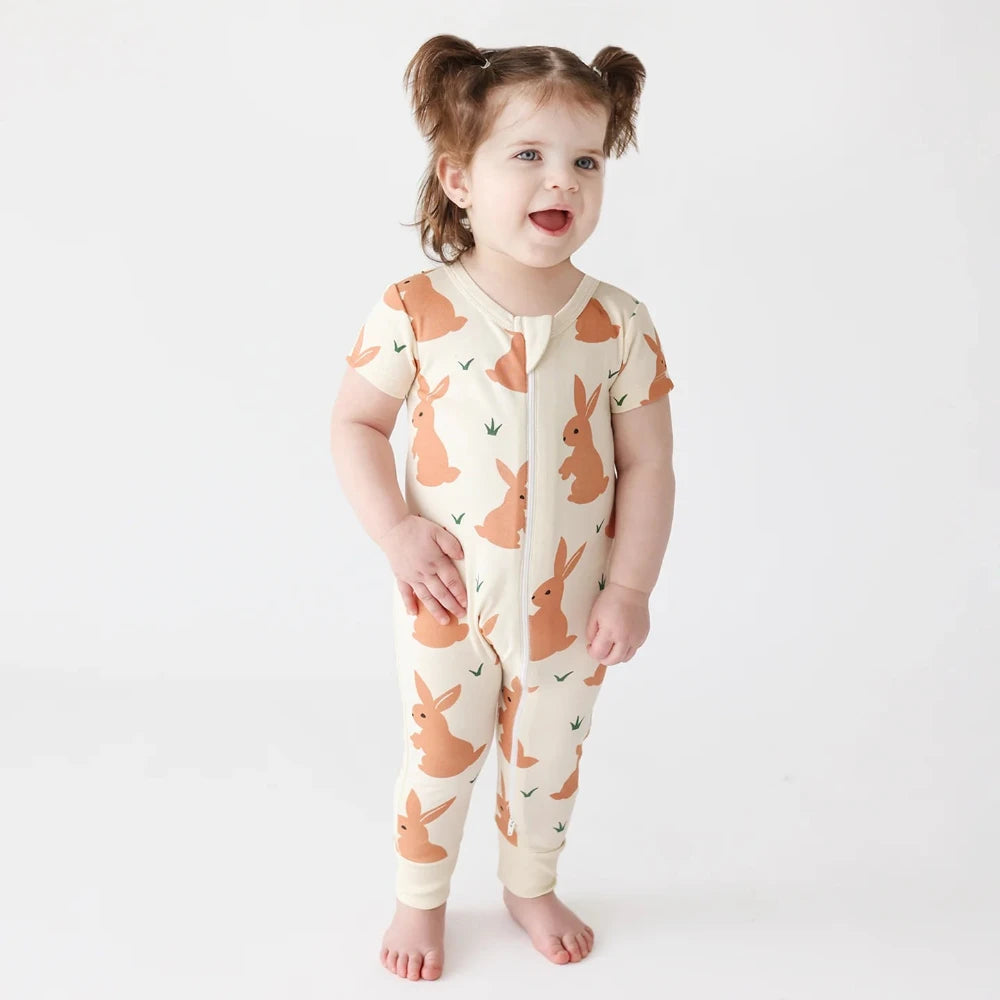 Short Sleeve Zip Romper - Brown Bunnies