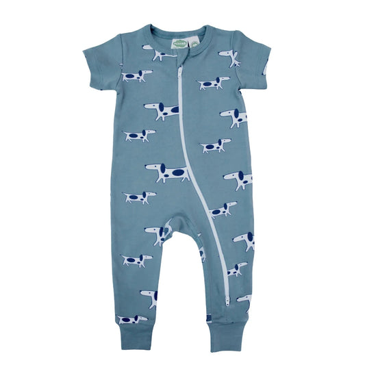 Short Sleeve Zip Romper - Blue Dogs