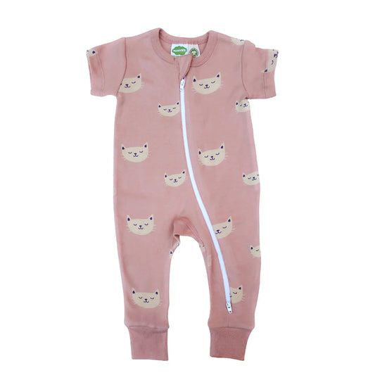 Short Sleeve Zip Romper - Pink Cats