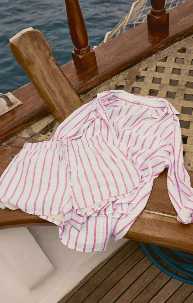 The Perfect Linen Striped Short - Spanish Rose