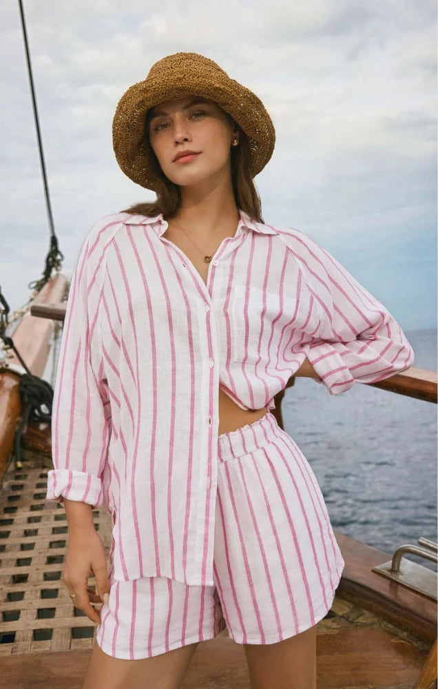 The Perfect Linen Striped Top - Spanish Rose
