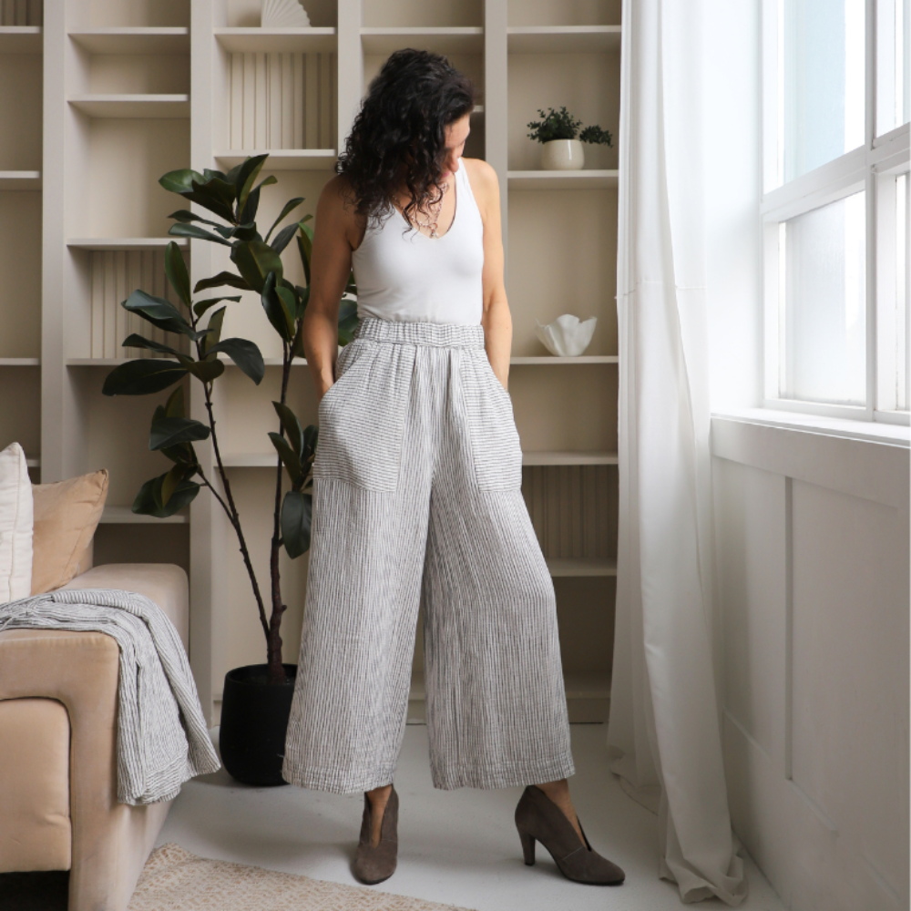 Crinkle Cotton Palazzo Pant - Striped (O/S)