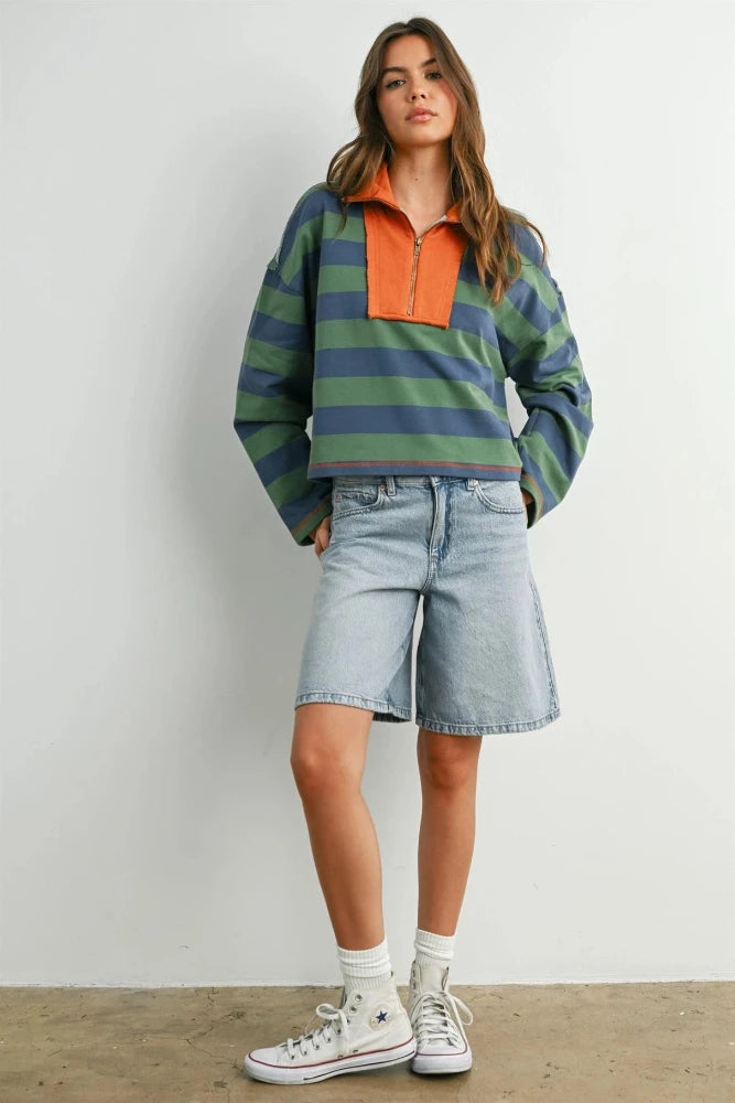 Striped Quarter Zip Sweater - Green/Blue