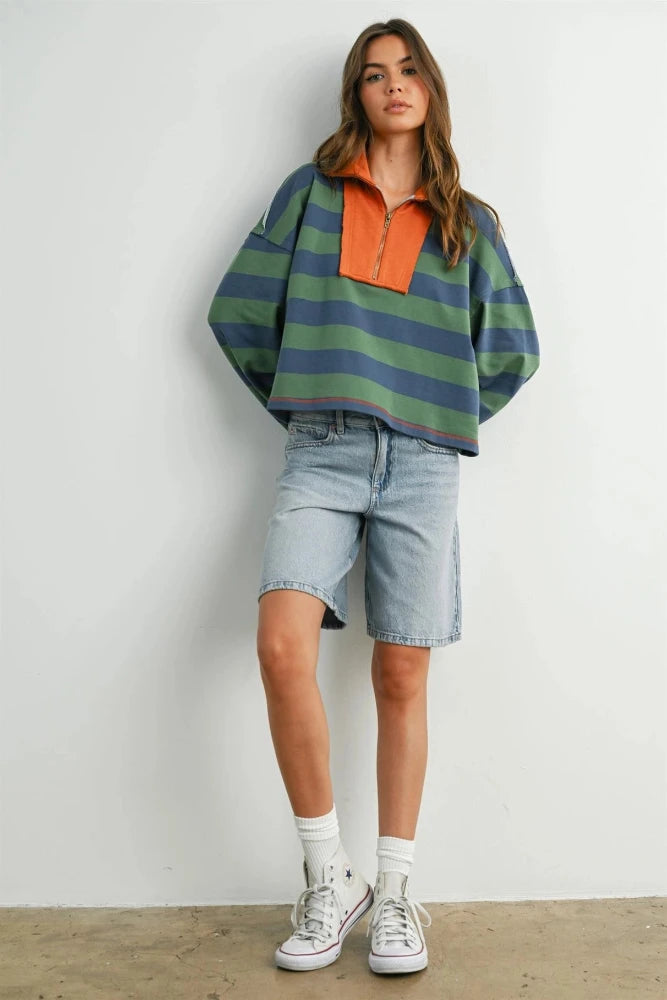 Striped Quarter Zip Sweater - Green/Blue