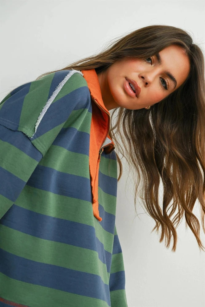 Striped Quarter Zip Sweater - Green/Blue