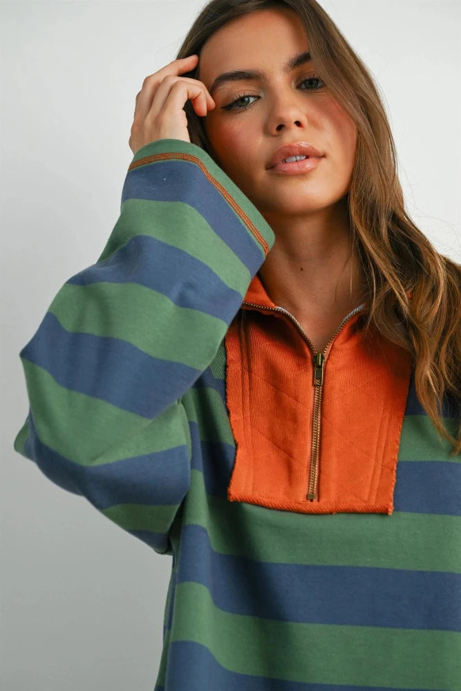 Striped Quarter Zip Sweater - Green/Blue