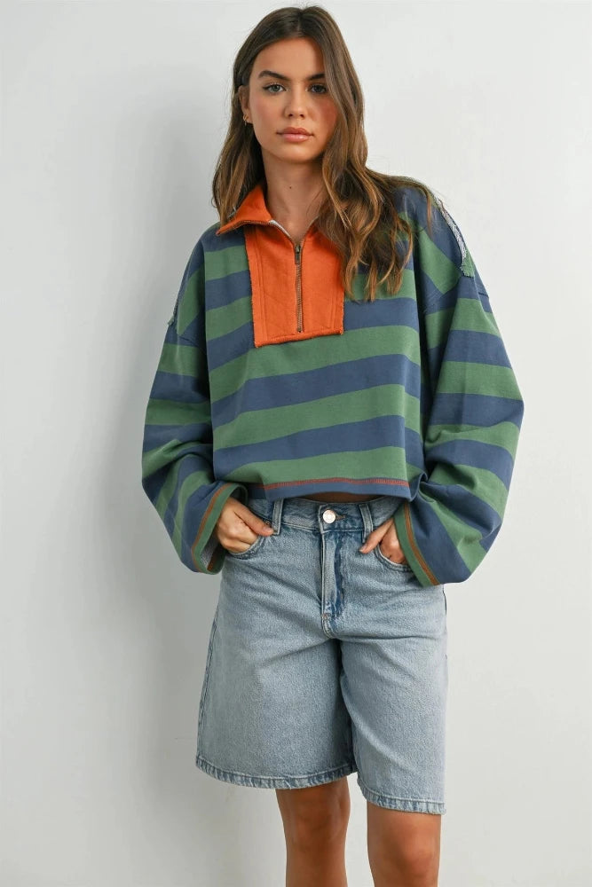 Striped Quarter Zip Sweater - Green/Blue