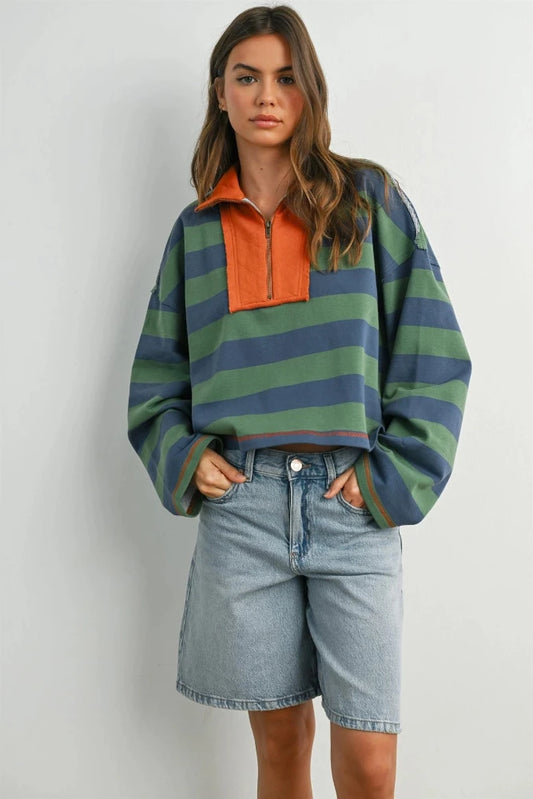 Striped Quarter Zip Sweater - Green/Blue