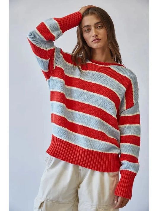 Frankie Contrast Striped Sweater - Red/Blue