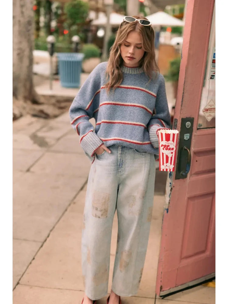 Ribbed Neck Sweater - Blue/Red