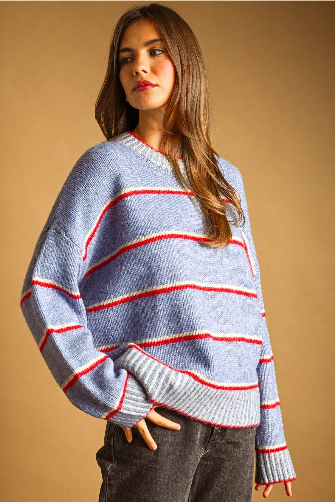 Ribbed Neck Sweater - Blue/Red