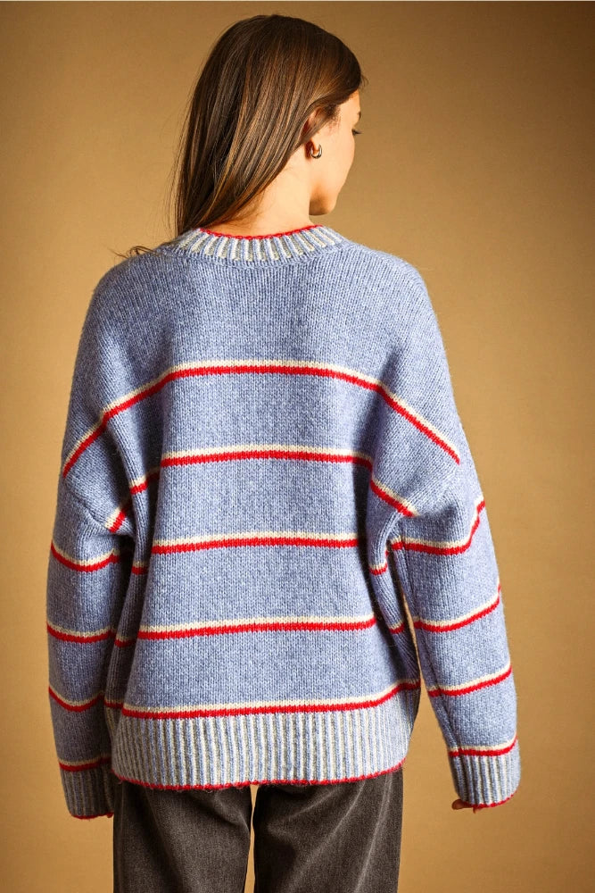 Ribbed Neck Sweater - Blue/Red