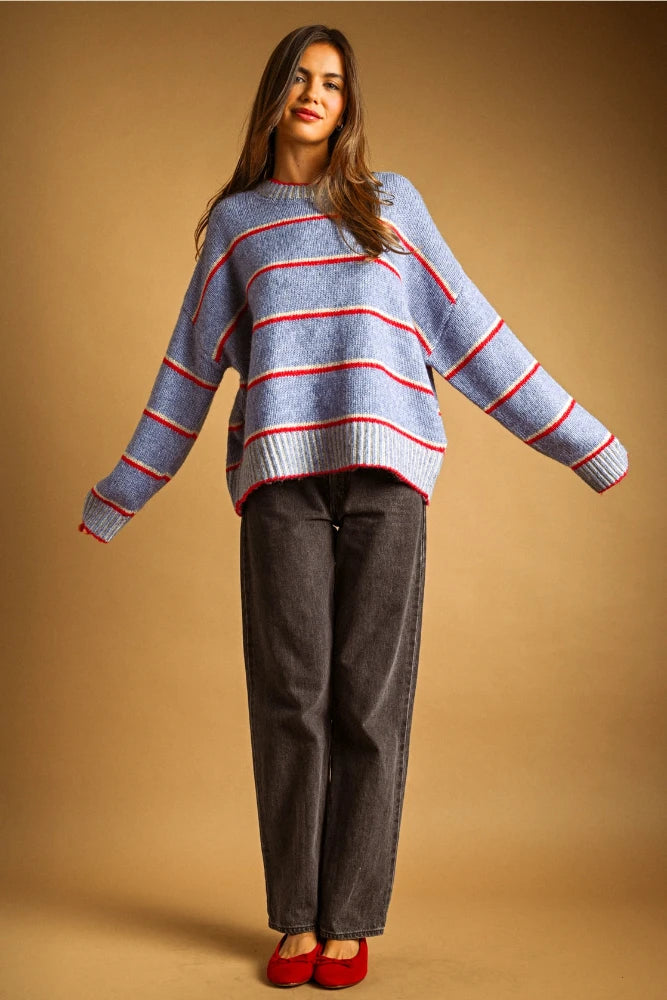 Ribbed Neck Sweater - Blue/Red