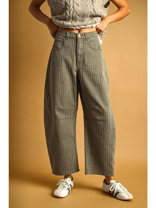 Pinstripe Barrel Pant - Olive