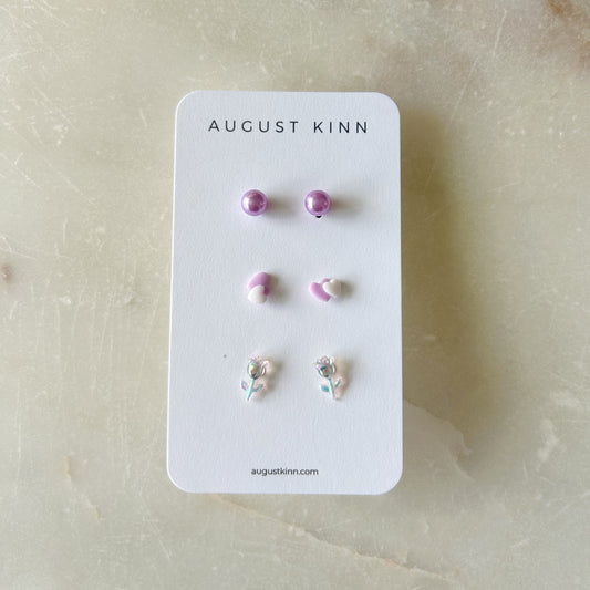 Stud Earrings 3 pack - Purple Roses