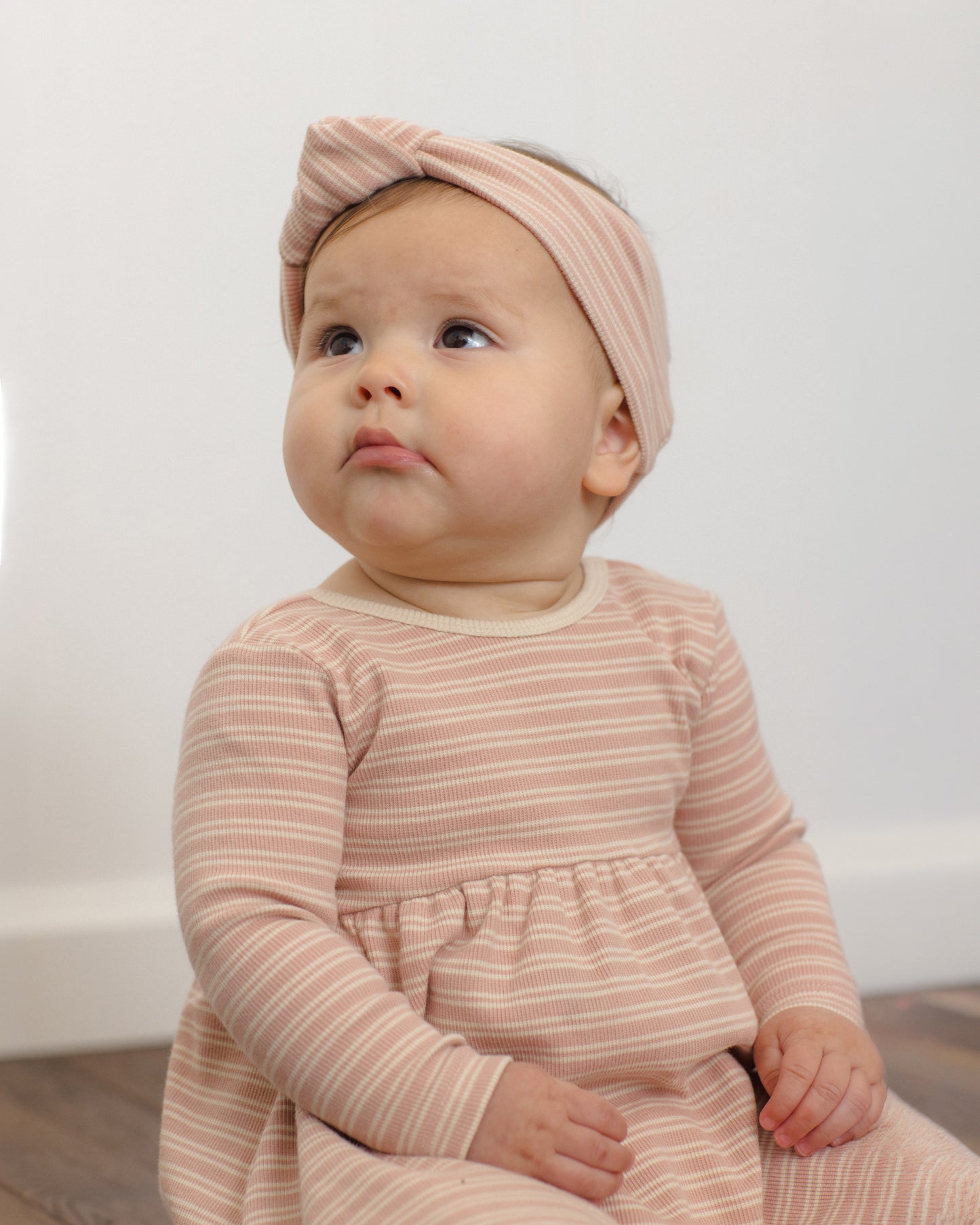 Ribbed Long Sleeve Dress - Dusty Rose Microstripe