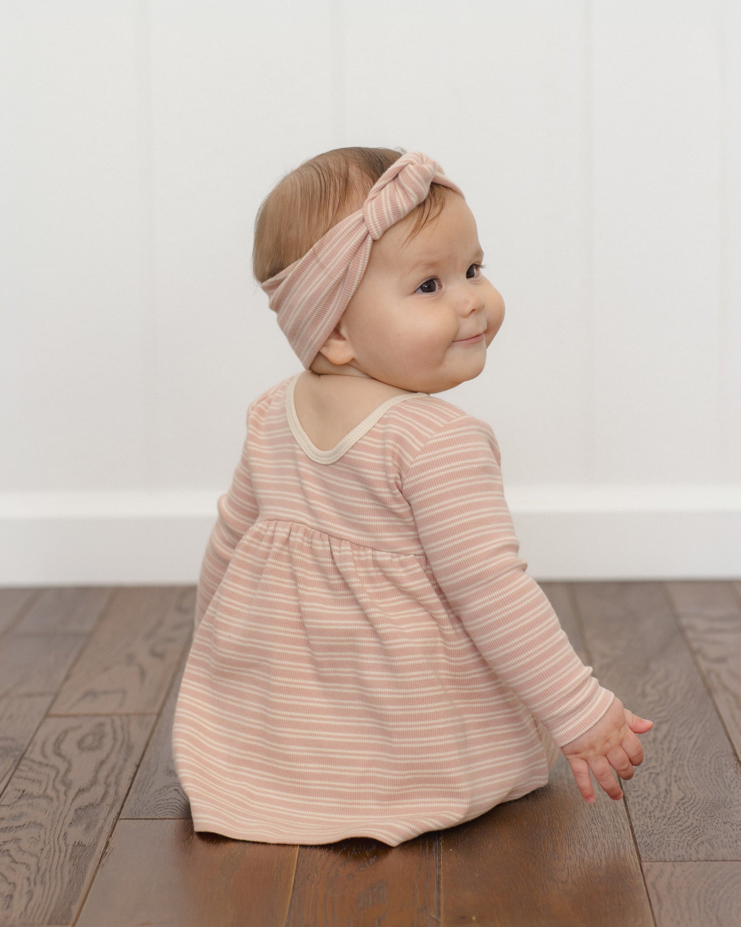 Ribbed Long Sleeve Dress - Dusty Rose Microstripe