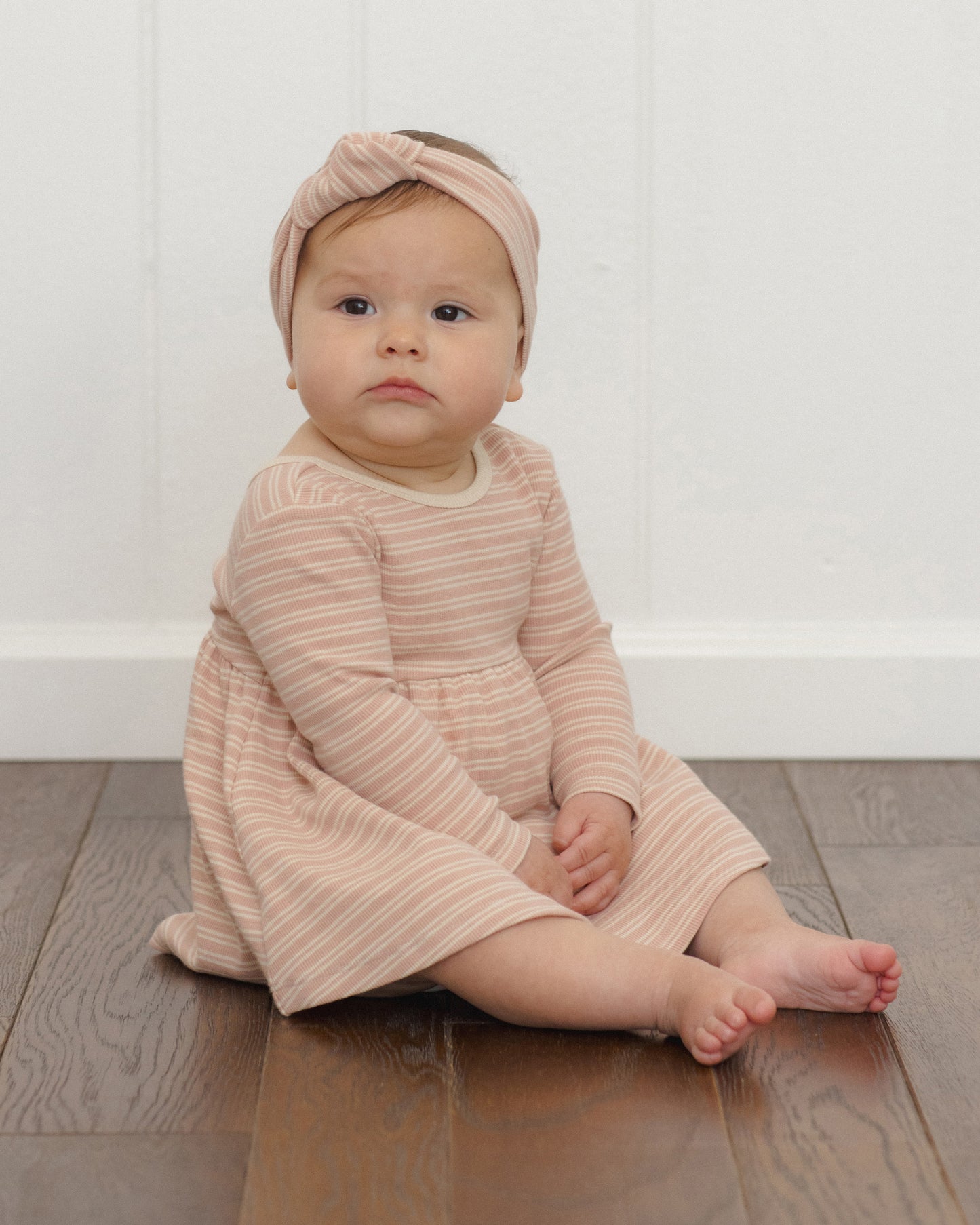 Ribbed Long Sleeve Dress - Dusty Rose Microstripe