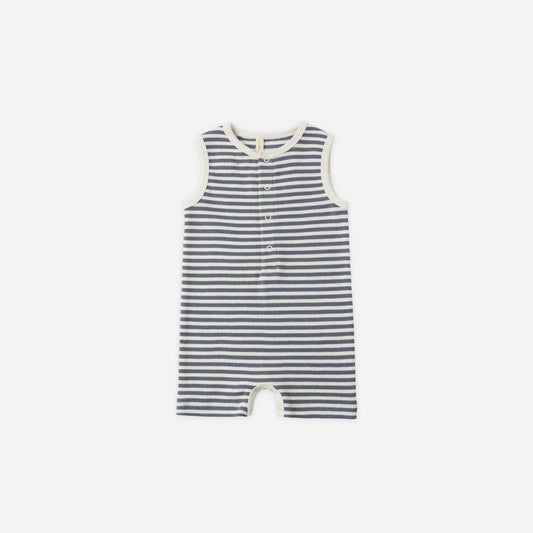 Ribbed Henley Romper - Ocean Stripe