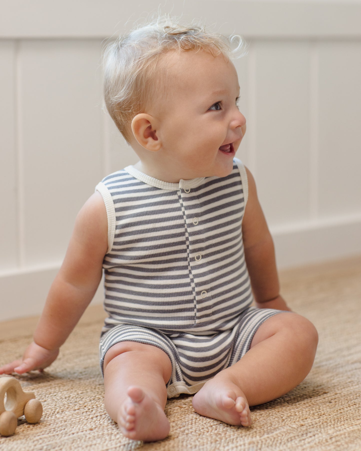 Ribbed Henley Romper - Ocean Stripe