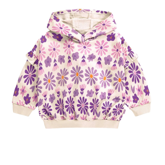 Hooded Ruffle Sweater - Purple Flowers