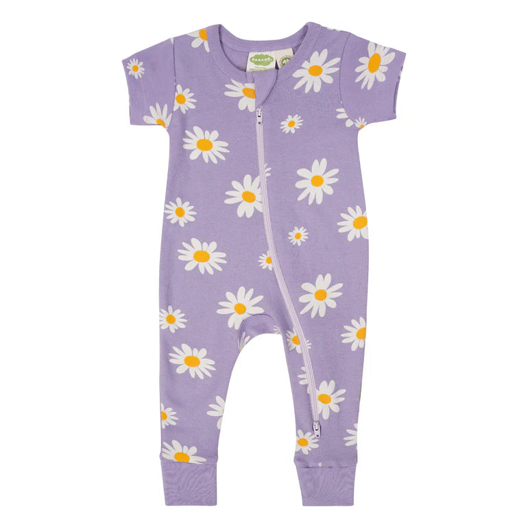 Short Sleeve Zip Romper - Big Daisies