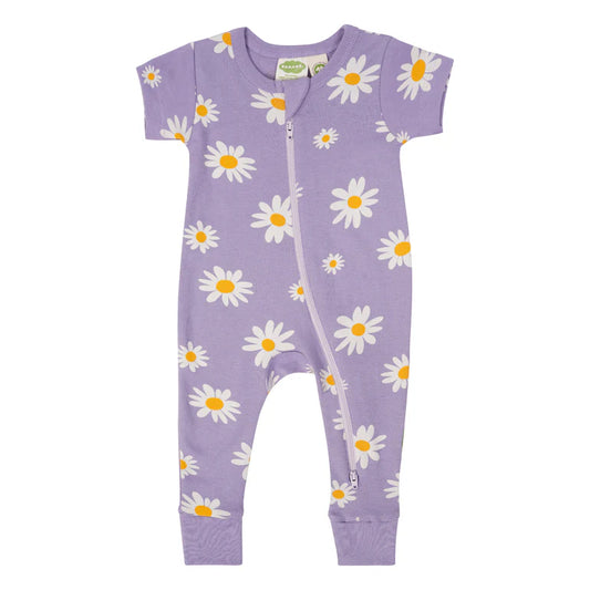 Short Sleeve Zip Romper - Big Daisies