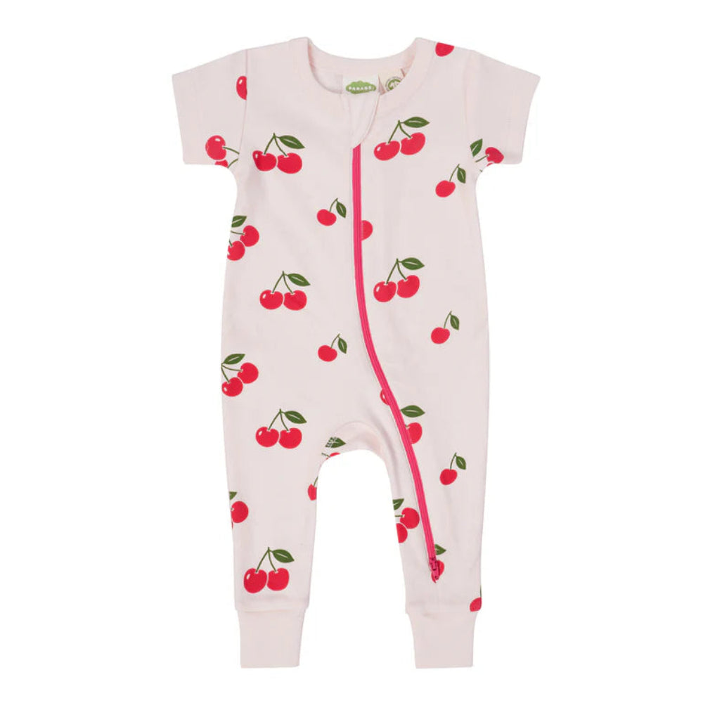 Short Sleeve Zip Romper - Cherries