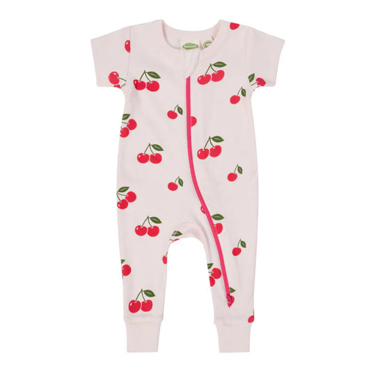 Short Sleeve Zip Romper - Cherries